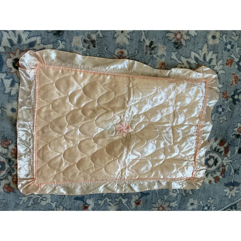 Vintage Peach satin pillow case embroidered ruffles cottagecore romantic home